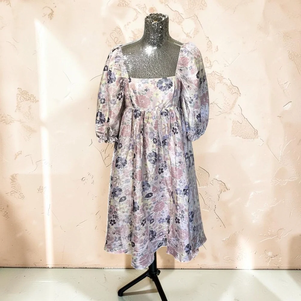 Pastel Floral Cottagecore Midi Dress Puff Sleeve Square Neck Medium Garden Party